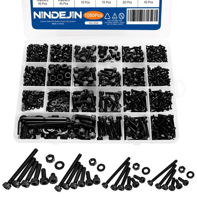 NINDEJIN M2 M3 M4 M5 Hex Socket Head Cap Screw Bolts Nuts and Washer Assortment Kit, 1060PCS Black Machine Screws Set, 12.9 Carbon Steel Small Metric Screws with 4PCS Allen Wrenches - Image 1